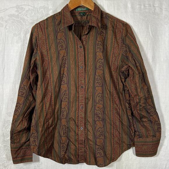 Ralph Lauren LRL Button Up Large Brown Paisley Striped Western Equestrian - Picture 1 of 9